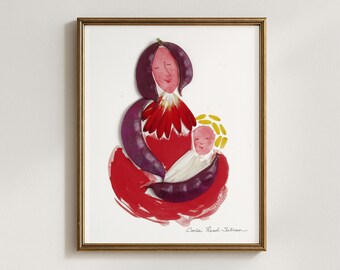 May include: Framed artwork depicting a mother and child, created with pressed flowers. The mother figure is formed with purple petals and a red flower head. The child is cradled in the mother's arms, with a yellow halo. The artwork is signed.