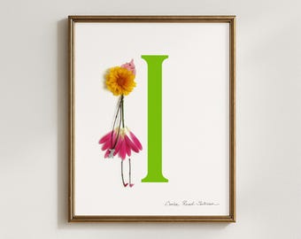 Floral Letter I Art Print, Botanical Alphabet Initial (5x7, 8x10, 11x14, 16x20)
