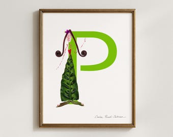 Floral Letter P Art Print, Botanical Alphabet Initial (5x7, 8x10, 11x14, 16x20)