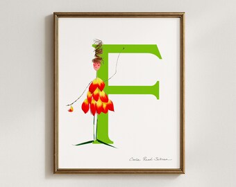 Floral Letter F Art Print, Botanical Alphabet Initial (5x7, 8x10, 11x14, 16x20)
