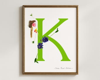 Floral Letter K Art Print, Botanical Alphabet Initial (5x7, 8x10, 11x14, 16x20)