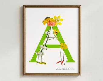Floral Letter A Art Print, Botanical Alphabet Initial (5x7, 8x10, 11x14, 16x20)