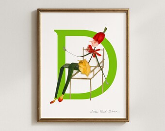 Floral Letter D Art Print, Botanical Alphabet Initial (5x7, 8x10, 11x14, 16x20)