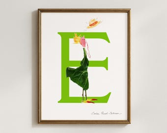 Floral Letter E Art Print, Botanical Alphabet Initial (5x7, 8x10, 11x14, 16x20)
