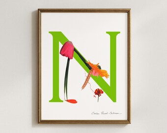 Floral Letter N Art Print, Botanical Alphabet Initial (5x7, 8x10, 11x14, 16x20)