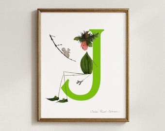 Floral Letter J Art Print, Botanical Alphabet Initial (5x7, 8x10, 11x14, 16x20)