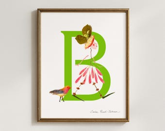Floral Letter B Art Print, Botanical Alphabet Initial (5x7, 8x10, 11x14, 16x20)