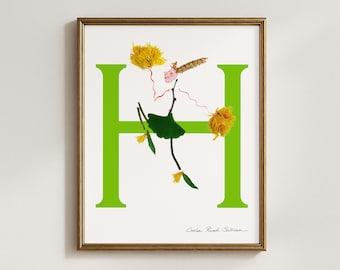 Floral Letter H Art Print, Botanical Alphabet Initial (5x7, 8x10, 11x14, 16x20)