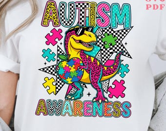 Consapevolezza dell'autismo SVG PNG: Puzzle colorato a forma di cuore di dinosauro Neurodiversità png Supporto ASD Clipart retrò (download digitale)