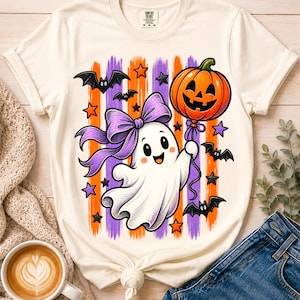 Cute Ghost Girl Png, Halloween Sublimation Design, Spooky Bow Ghost Tee Graphic, Jack O Lantern Bat Pumpkin Shirt Clipart, Fall Witchy Shirt