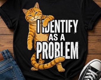 Gatto divertente PNG, Mi identifico come un problema PNG, Design per sublimazione di gatto sarcastico, Grafica di gatto retrò vintage, Download PNG DTF
