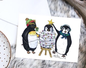 PENGUIN HOLIDAY LIGHTS - Holiday Card - Christmas card Boxed, Funny card - Penguins, Christmas Lights, original watercolor illustration