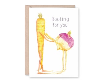 CARROT and RUTABAGA - Rooting For You - Root vegetable Greeting Card, wedding, anniversary, graduation, congratulations, get well, new home