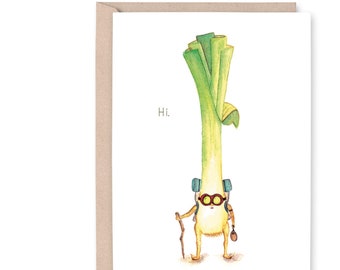 Travelling LEEK - "Hi." - housewarming, miss you, thank you note, hiker, travel Greeting Card