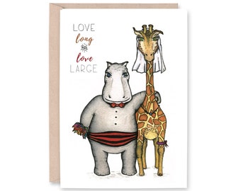 HIPPO and GIRAFFE  - "love long & love large" - Wedding Card, engagement, anniversary card, wedding announcement, popular wedding card