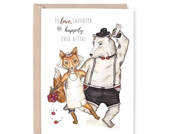 FOX + BEAR Wedding Card  - "to love, laughter + happily ever after"" - Wedding Card, engagement, anniversary, congratulations,