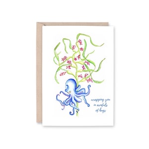OCTOPUS in KELP sending armfuls of hugs Greeting Card, octopi, octopus, sympathy, sea life, encouragement, nautical, image 1