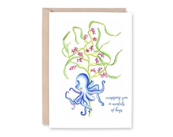 OCTOPUS in KELP - "sending armfuls of hugs" - Greeting Card, octopi, octopus, sympathy, sea life, encouragement, nautical,
