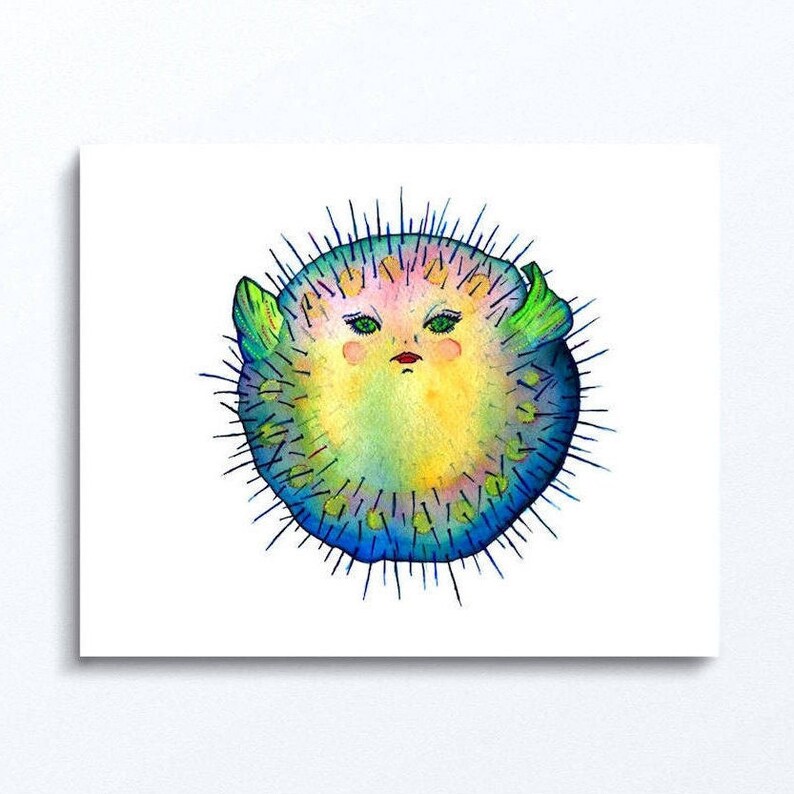 PUFFER Fish ART PRINT illustration, home decor, kitchen, bathroom art, nautical, sealife art, ocean art image 1