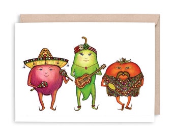 SALSA Greeting Card  - Blank card, birthday card, thank you card, mariachi, spicy, salsa, green pepper, tomato card