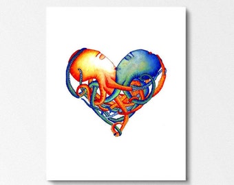 OCTOPUS HEART - Art Print - Octopuses, wedding, anniversary, gift, octopi, illustration, nautical, heart art, home decor, nursery art