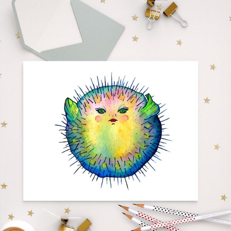 PUFFER Fish ART PRINT illustration, home decor, kitchen, bathroom art, nautical, sealife art, ocean art image 2