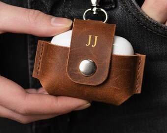 Leather AirPods Case, Personalized AirPods Holder, Custom AirPods Keychain, Engraved AirPods Cover, Gift for Him, Genuine Leather Case