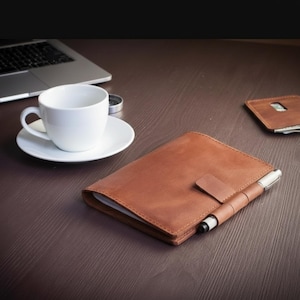 Può includere: Un diario in pelle marrone con un portapenne e una penna d'argento. Una tazza e un piattino bianchi sono accanto a un laptop su una superficie di legno scuro. È visibile anche un porta carte di pelle marrone.