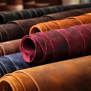 May include: Close-up of several rolls of leather in various colors, including black, brown, burgundy, blue, and tan. The leather appears to be thick and textured, with visible grain and a slightly distressed finish. The rolls are tightly wound, showcasing the material's flexibility.