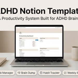 ADHD Notion Template | ADHD Productivity Planner | Task Manager, Brain Dump & Habit Tracker | Executive Function Planner | Notion Dashboard