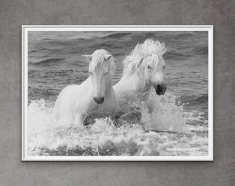 Horse Photography White Camargue Ocean Horses Print - “Two White Horses in the Waves”