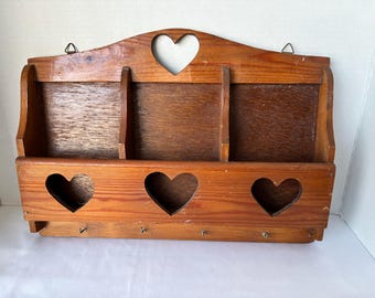 Vintage Cottagecore Wood Mail or Bill Organizer with Key Hooks made in China Heart Cut Outs.