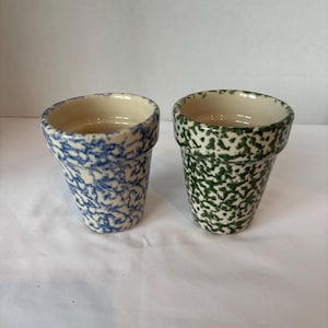 Vintage~Workshops of Gerald E. Henn Pottery~4" Tall Pair of Small STONEWARE FLOWER POTS with Green & Blue Spongeware Pattern Farmhouse. A6