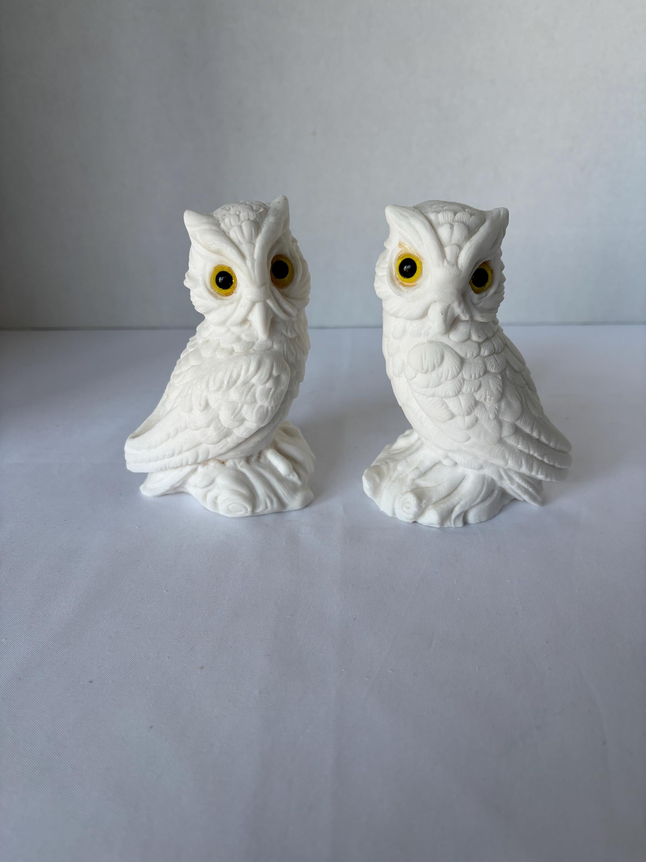 Vintage Italian Alabaster Owls, Set of Two, Carved alabaster stone, Excellent Condition, Heavy, 1970