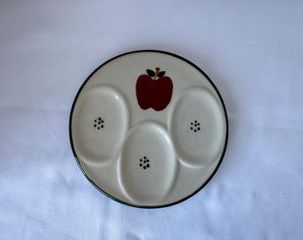 Vintage ceramic spoon rest with a three-part divided design and a painted apple motif. B7