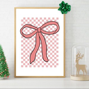 Pink Christmas Bow Checkerboard Print - Holiday Wall Art (Digital Download)