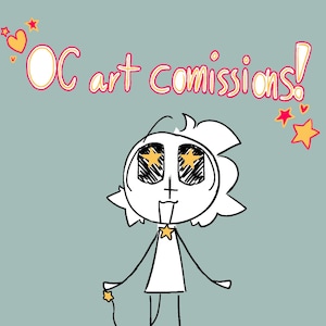 May include: A cartoon illustration on a teal background. The image features a white character with star-shaped eyes and a star-shaped necklace. The text "OC art comissions!" is written in pink and yellow.
