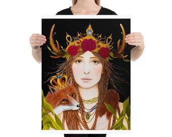 Mystische Göttin mit Fuchs - Fantasy Natur inspiriert Kunstdruck