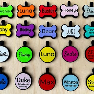 May include: A collection of colorful pet ID tags. The tags are in various shapes, including bone and circle, with names like "Archie," "Luna," and "Daisy." Each tag has a black border and a small loop for attachment. Some tags include phone numbers or special notes.