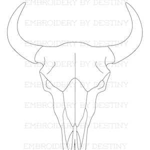 May include: A black and white line drawing of a bull skull. The skull has large curved horns and detailed facial features. The text "EMBROIDERY BY DESTINY" is repeated vertically on the right side of the image.