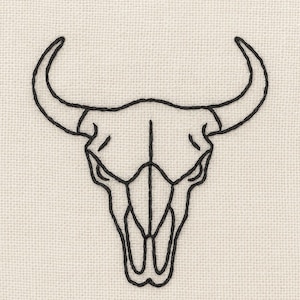 May include: Black embroidered bull skull design on a cream-colored fabric. The skull features detailed lines and curved horns, creating a rustic and southwestern aesthetic. The embroidery is centered on the fabric.