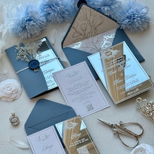 Elegant Mirror Silver Acrylic Invitations, Wedding Invites with Powder Blue Envelopes, Faire Part Mariage