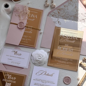 Blush Pink Mirror Gold Acrylic Wedding Invitations, Quinceanera Invites, Invitaciones de Boda