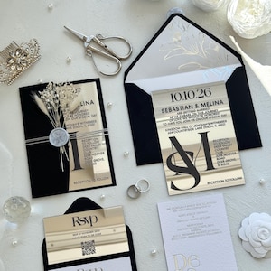 Elegant Silver Mirror Acrylic Invitations with Black Wedding Envelopes, Invitaciones de Boda