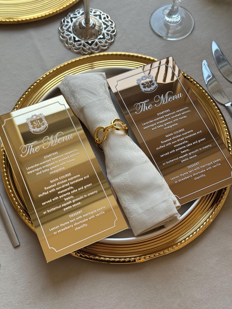 Gold Rimed Card Design Elegant Mirror Acrylic Wedding Menu Cards, Personalized Gold and Bronze ...