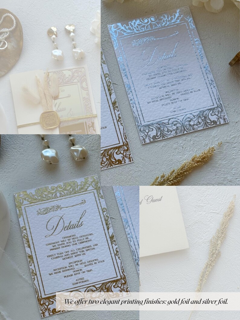 Pu&ograve; includere: Elegante set di partecipazioni di nozze con stampa in lamina d'oro e argento. Il set include biglietti d'invito con bordi decorati, un sigillo di cera e orecchini di perle. Il testo sull'invito recita "Details".