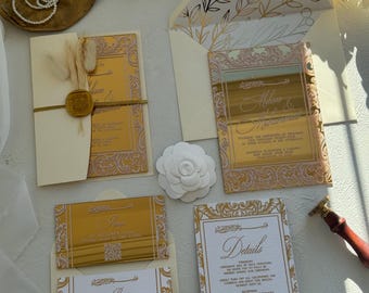 Luxury Islamic Wedding Invitation Suite, Acrylic Arabic Nikkah Invites with QR Code RSVP