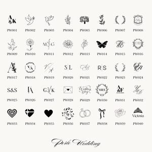 Puede incluir: Una colecci&oacute;n de ilustraciones en blanco y negro con tem&aacute;tica de boda, que incluye palomas, flores, iniciales y corazones. Cada dise&ntilde;o est&aacute; etiquetado con un c&oacute;digo &uacute;nico, como PW001, PW002 y PW037. El texto "Perle Wedding" est&aacute; en la parte inferior.