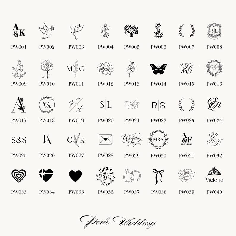Puede incluir: Una colecci&oacute;n de ilustraciones en blanco y negro con tem&aacute;tica de boda, que incluye palomas, flores, iniciales y corazones. Cada dise&ntilde;o est&aacute; etiquetado con un c&oacute;digo &uacute;nico, como PW001, PW002 y PW037. El texto "Perle Wedding" est&aacute; en la parte inferior.