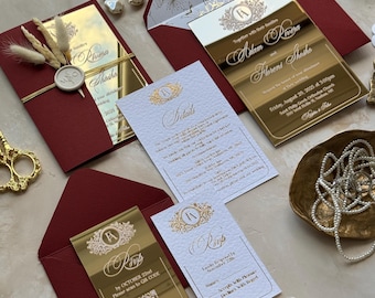 Suite di inviti per matrimonio di lusso in acrilico dorato con specchio, inviti per Quinceanera color bordeaux con scheda dettagliata